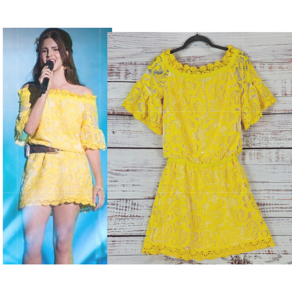 Alexis Yellow Silk Lace Mini Dress XS Off Shoulder Floral Fairy Coquette Kawaii - Picture 16 of 16